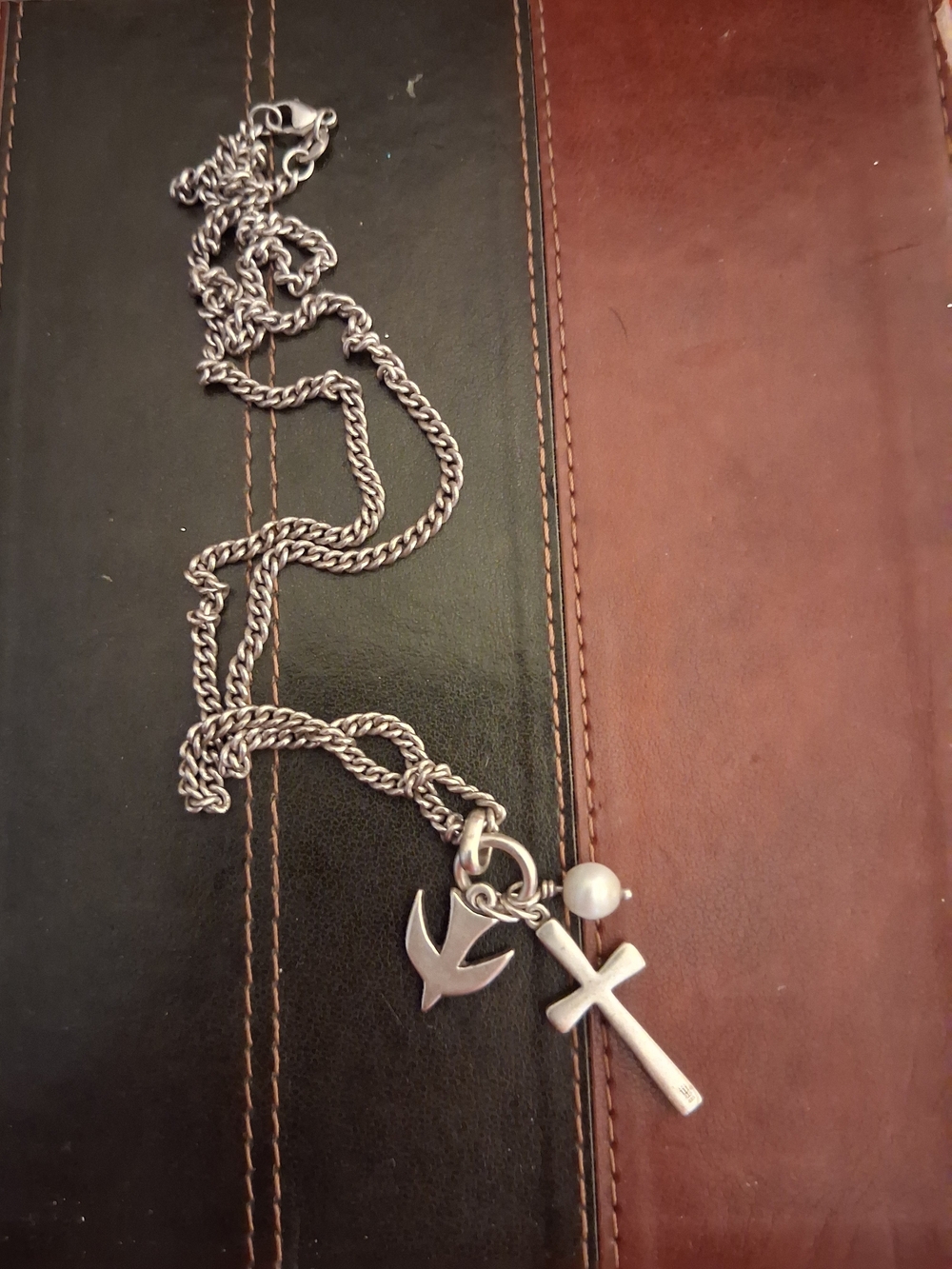 Silver Cross and Dove Pendant Necklace with Pearl Accent - Women Jewelry